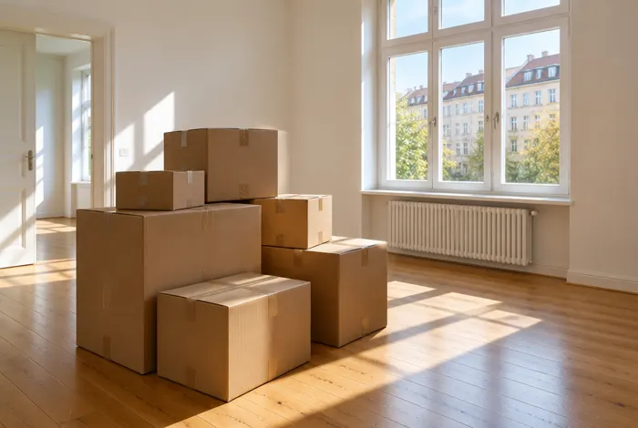 Umzugskartons in einer hellen, leeren Wohnung